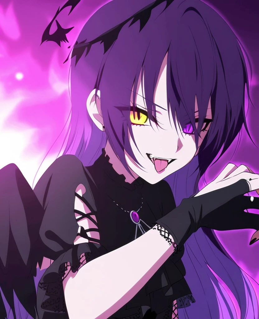 Make a girl with purple hair, black angel halo, heterochromic eyes, black angel wings, Vkei style, purple fire. Fallen angel. Visual Kei