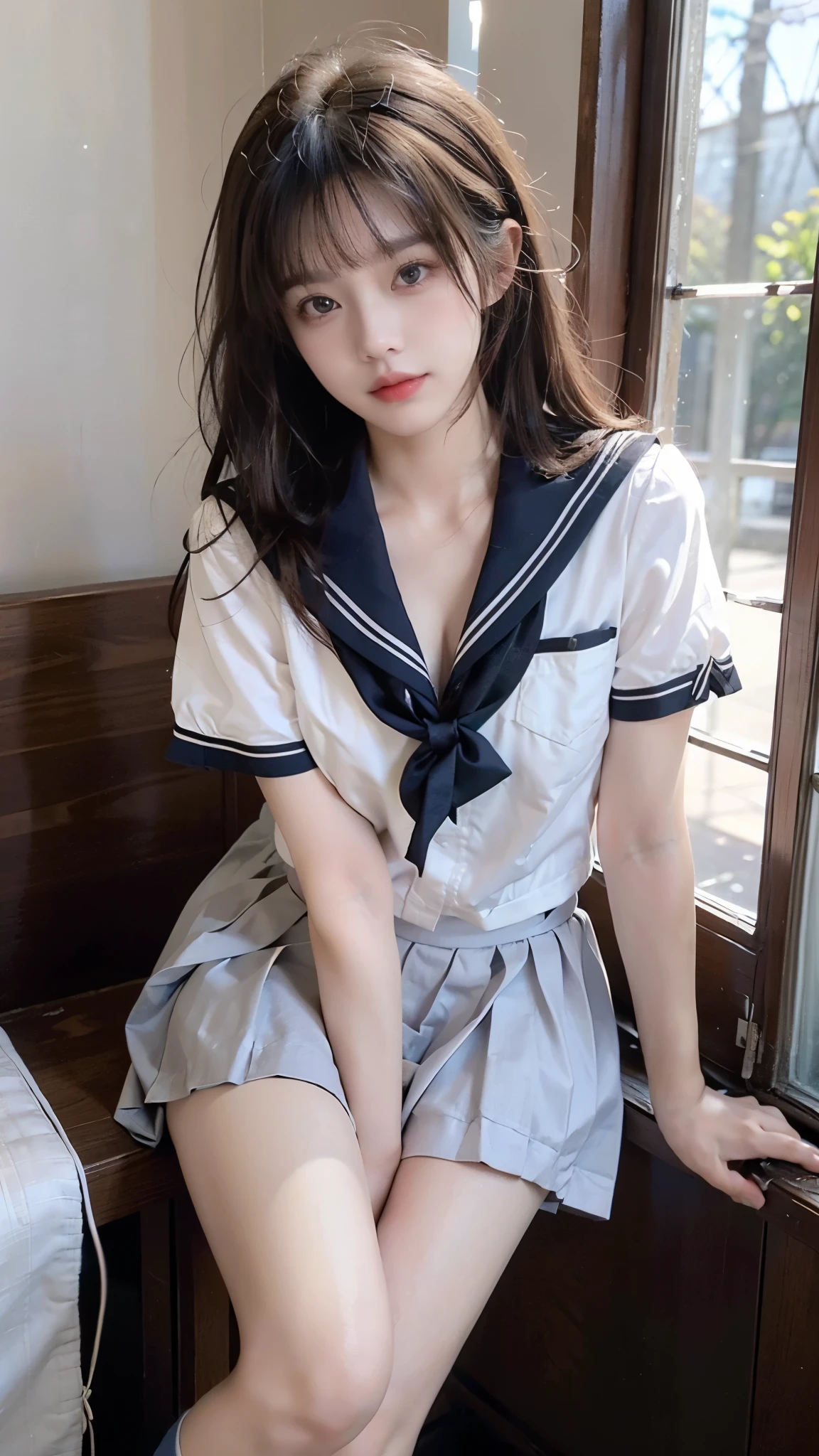 JK_style
short-sleeved JK_shirt
short-sleeved JK_sailor
JK_suit
JK_tie ((knee shot)), ((Shoot at random angles)), ((Visible cleavage)), ((E-cup)), ((I-type Valley)), ((Warm colors)), Long-range shooting, A beautiful woman，Elegant posture，Slender figure。Her legs are slender and straight，Cross placement，Forming a perfect diagonal composition。Her upper body leaned back to the side.，Head gently sideways，Long blond hair falls naturally，Gently brushing her shoulders。Soft colors，In stark contrast to her fair skin。The edge of the skirt ripples gently，As if swaying in the breeze。Her eyes were gentle，There is a faint smile on the lips。A sunny room in the background，The sunlight coming in through the window casts soft shadows on her face and body.，The whole picture looks very harmonious and beautiful