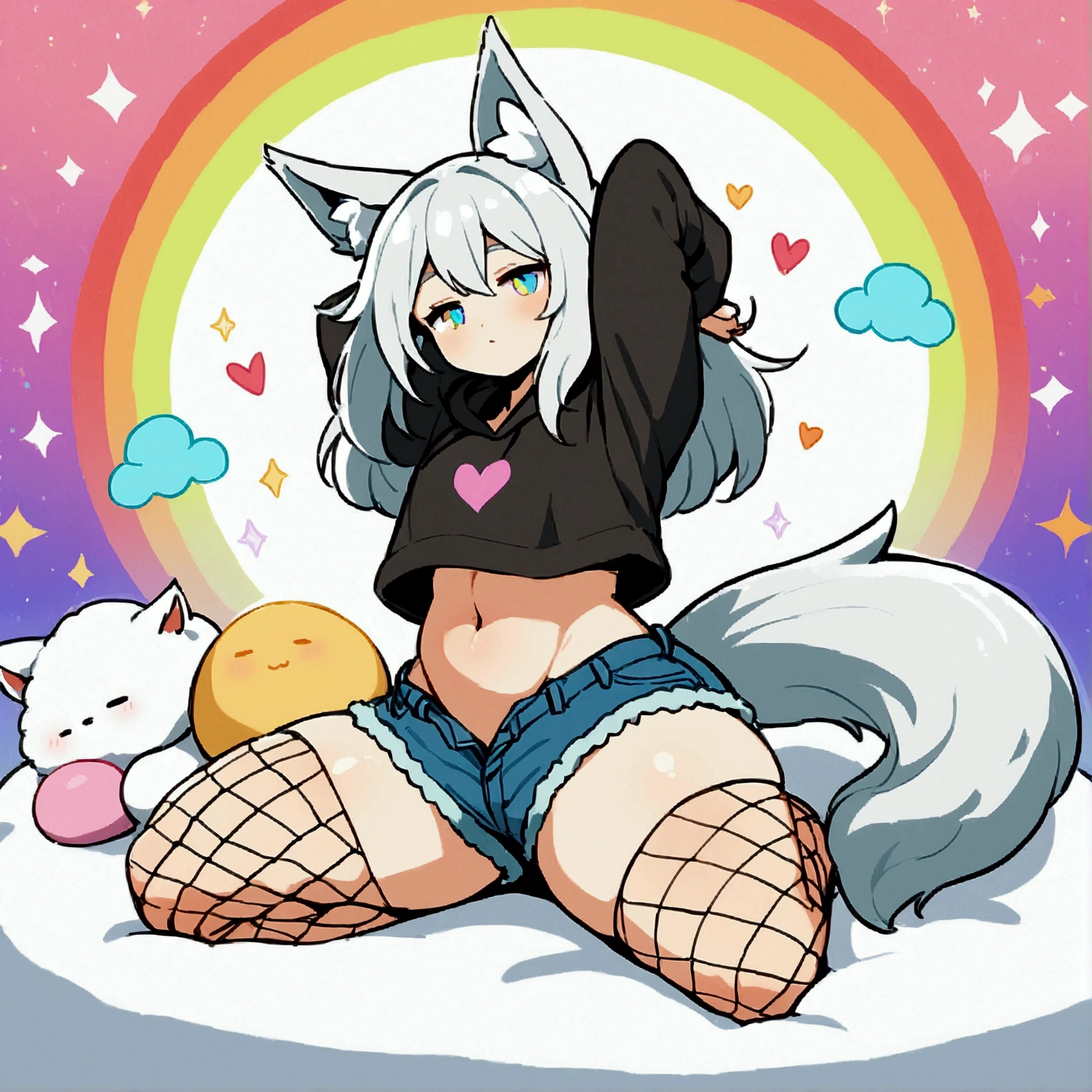 a cute adult male with wolf ears, long white hair, long locks, has a wolf tail, wearing a loose cropped black hoodie, wearing a pair of denim short shorts and fishnet stockings, thick thighs, wide hips, relaxing on mound of fluffy multi colored plushies, short, very slim, showing slender tummy, heart on hoodie, squishy thighs, has glowing blue eyes. alone, solo (ALONE)(SOLO), surrounded by rainbows, colorful galaxy backround, stretching, giggling