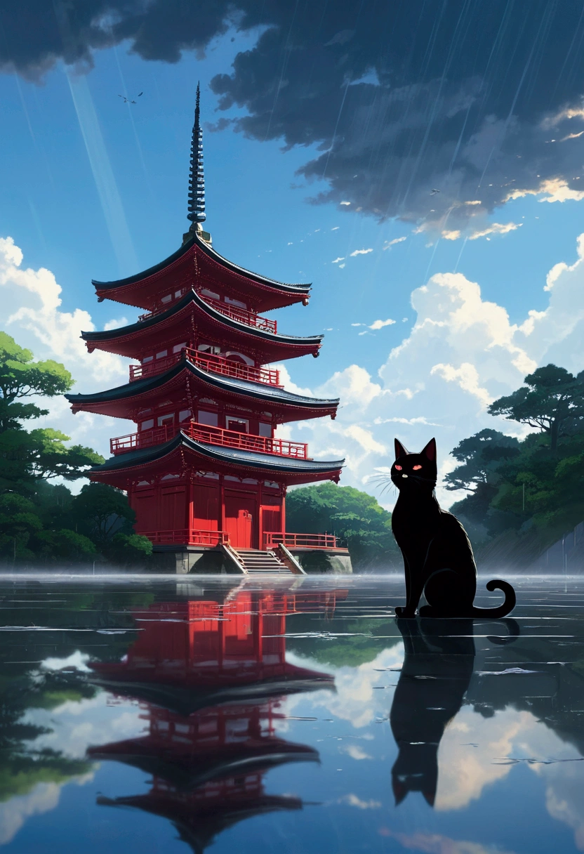 Makoto Shinkai taste, cloudy sky, reflection of light, black cat, after rain, love scene, healing scene, rainy day, hope, dark fantasy, light from the sky, single, red shrine, five-story pagoda in the back, fantastic world, red temple, (cat ghost), myth, messenger of god