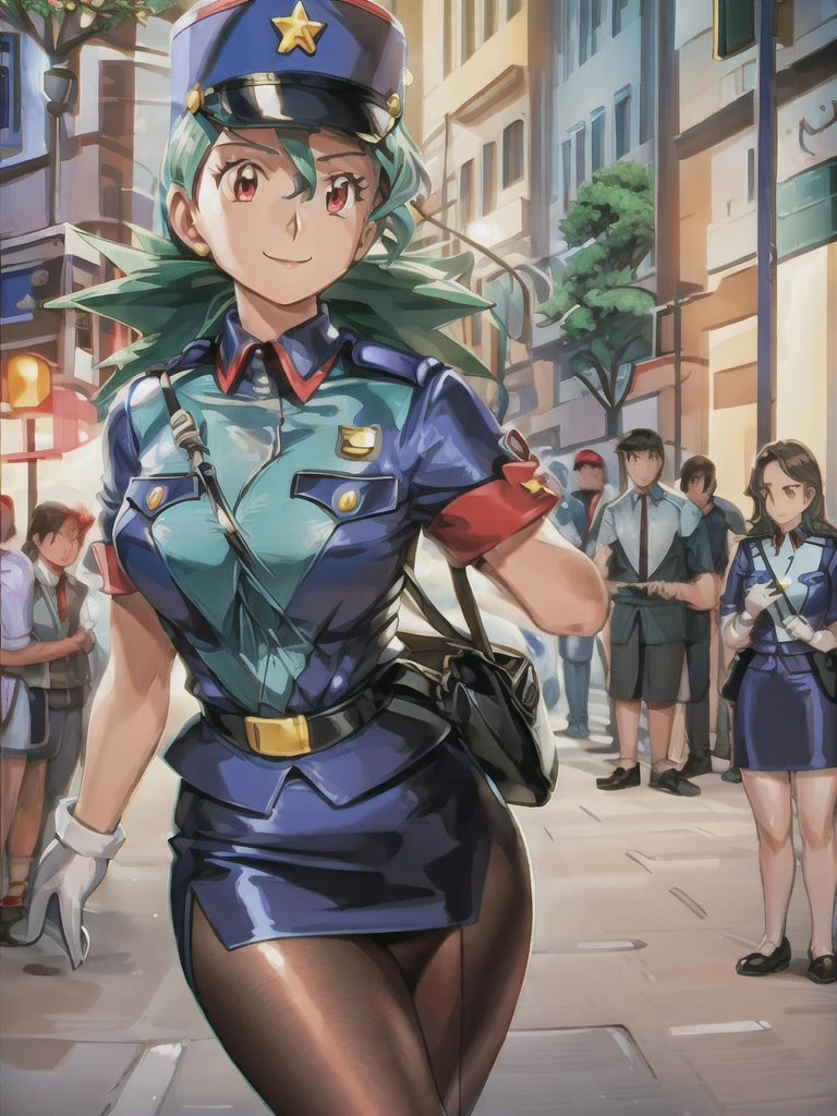 masterpiece, best quality, ultra-detailed, officer jenny, pokemon, 1girl, solo, long hair, smile, red eyes, green hair, white gloves, police hat, miniskirt, bag, star (symbol), uniform, blue skirt, blue shirt, pencil skirt, brown pantyhose, police uniform, realistic, city background volumetric lighting, intricate details, tonemapping, sharp focus, hyper detailed