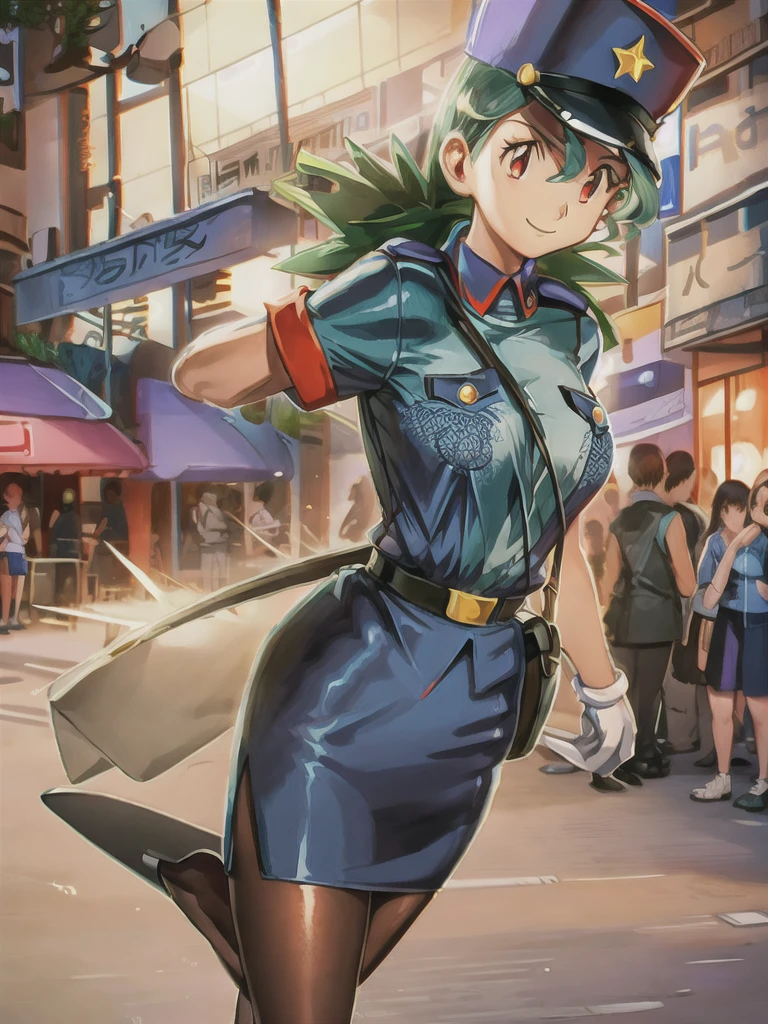 masterpiece, best quality, ultra-detailed, officer jenny, pokemon, 1girl, solo, long hair, smile, red eyes, green hair, white gloves, police hat, miniskirt, bag, star (symbol), uniform, blue skirt, blue shirt, pencil skirt, brown pantyhose, police uniform, realistic, city background volumetric lighting, intricate details, tonemapping, sharp focus, hyper detailed