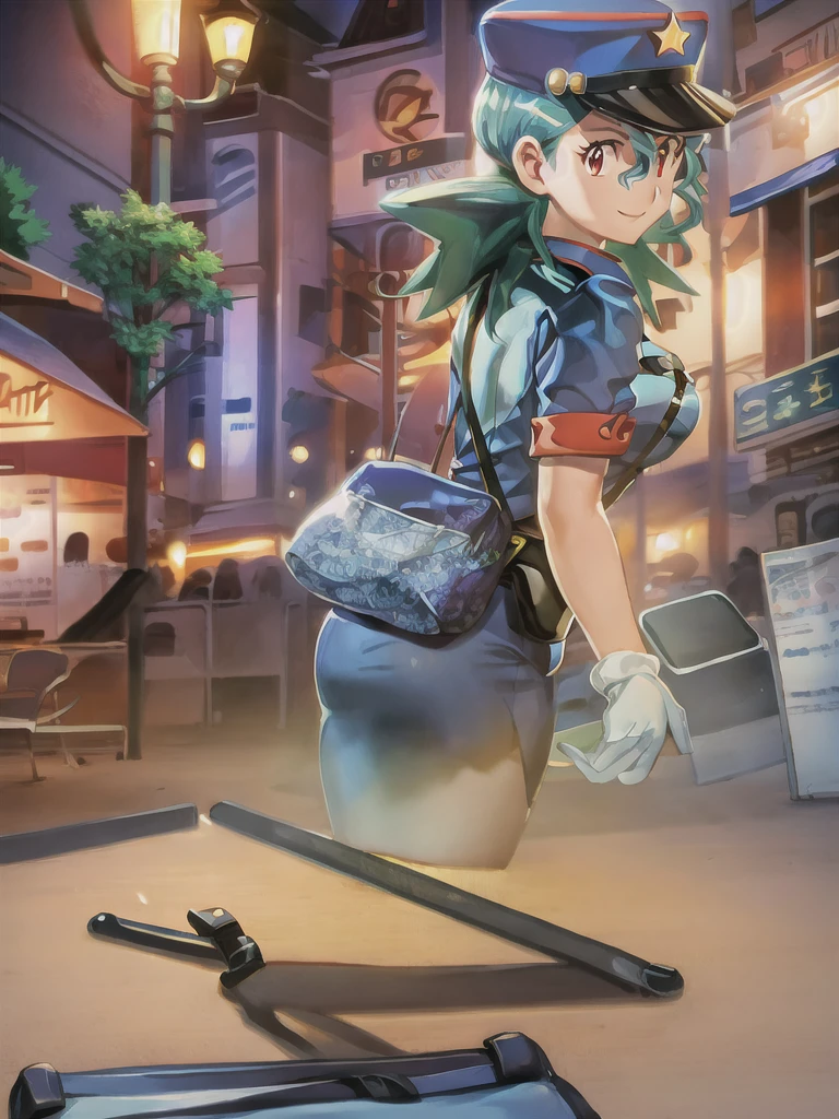 masterpiece, best quality, ultra-detailed, officer jenny, pokemon, 1girl, solo, long hair, smile, red eyes, green hair, white gloves, police hat, miniskirt, bag, star (symbol), uniform, blue skirt, blue shirt, pencil skirt, brown pantyhose, police uniform, realistic, city background volumetric lighting, intricate details, tonemapping, sharp focus, hyper detailed