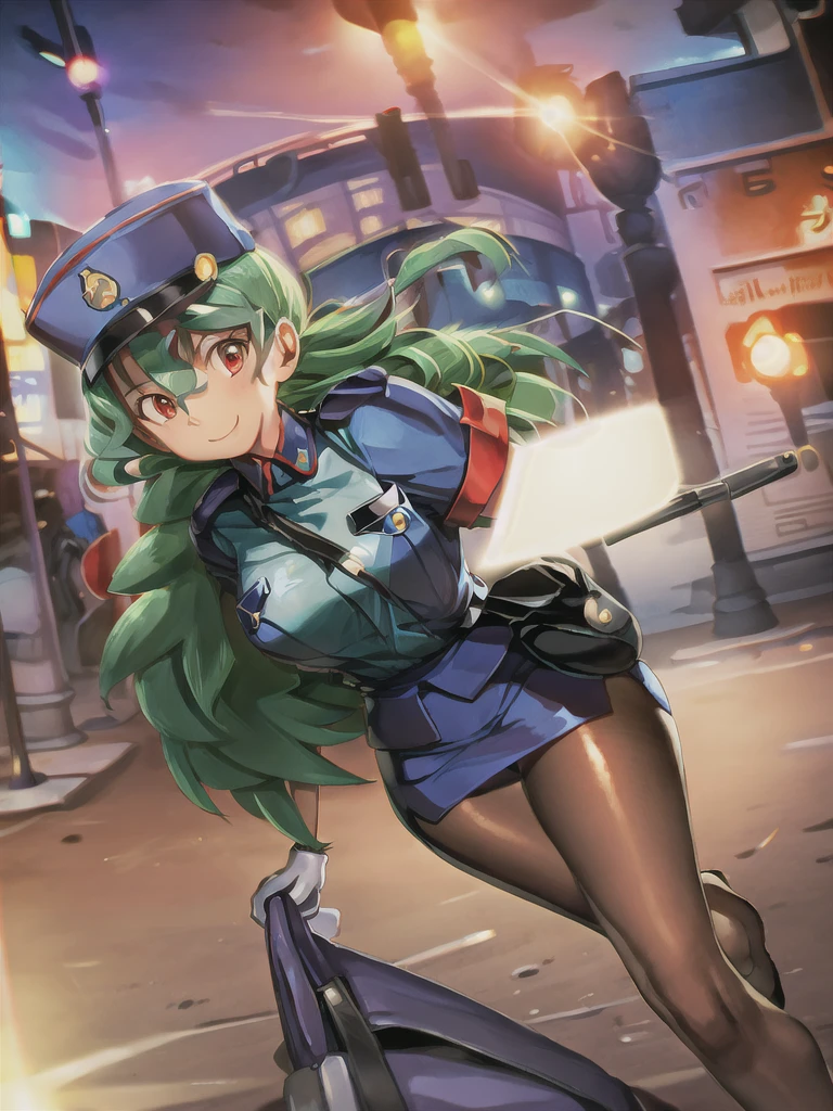 masterpiece, best quality, ultra-detailed, officer jenny, pokemon, 1girl, solo, long hair, smile, red eyes, green hair, white gloves, police hat, miniskirt, bag, star (symbol), uniform, blue skirt, blue shirt, pencil skirt, brown pantyhose, police uniform, realistic, city background volumetric lighting, intricate details, tonemapping, sharp focus, hyper detailed