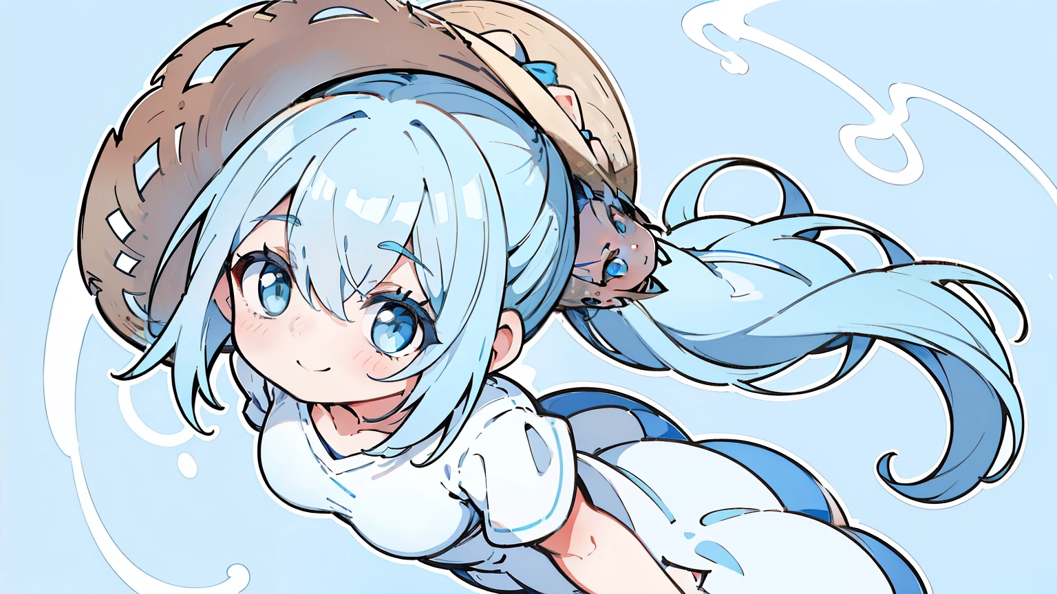 masterpiece, beautiful detailed, 1girl, 20’s, (Oversized plain T-shirt), straw hat, baby blue Eyes, baby blue hair, ponytail, big smile, medium breasts, hair intakes, blue theme, (from above:2), (((bold outline))), limited palette, Colorless solid background