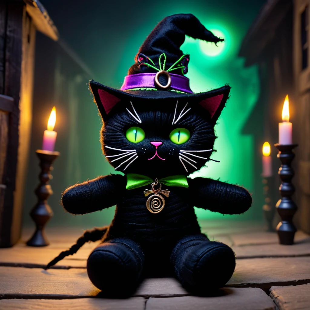 (knitted toy voodoo doll:1.7), (Voodoo Black Cat:1.3), (Clothing: sleek black fur with glowing green eyes:1.0), (Accessories: enchanted witch's hat, glowing crescent moon charm, mystical broomstick:1.2), (background: dark alley with floating, glowing eyes and sinister shadows:1.2), best quality, masterpiece, detailed soft oil painting, detailed background, dramatic cinematic lighting, soft edge lighting, professional, dramatic lighting, hard edge lighting, ultra quality, 4k, masterpiece, best quality, 8k, ultra high definition, high resolution, extremely detailed