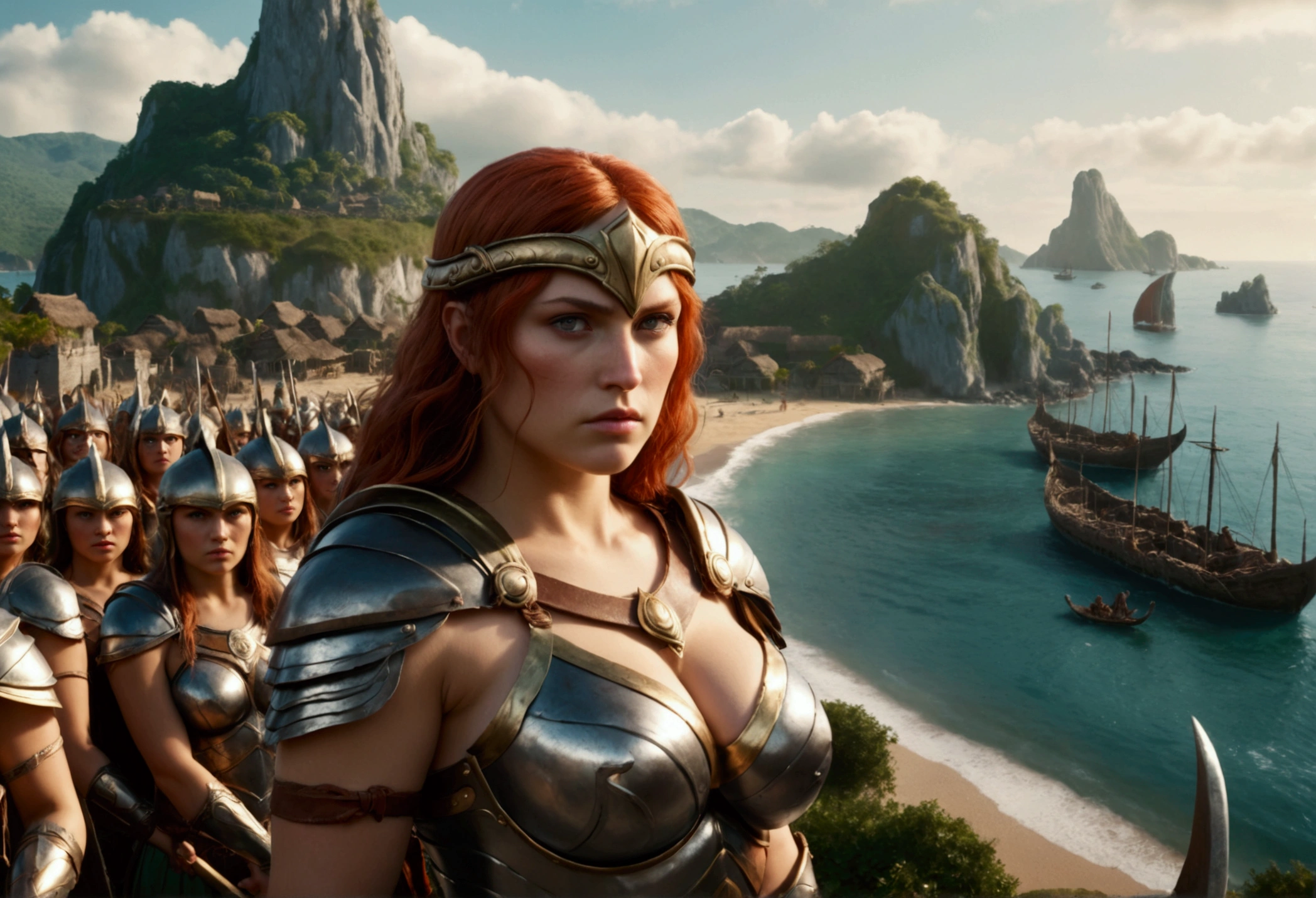 The head of the Amazons standing in full armor, huge breasts. Behind them are about 100 Amazons. A seaside village is visible in the background.