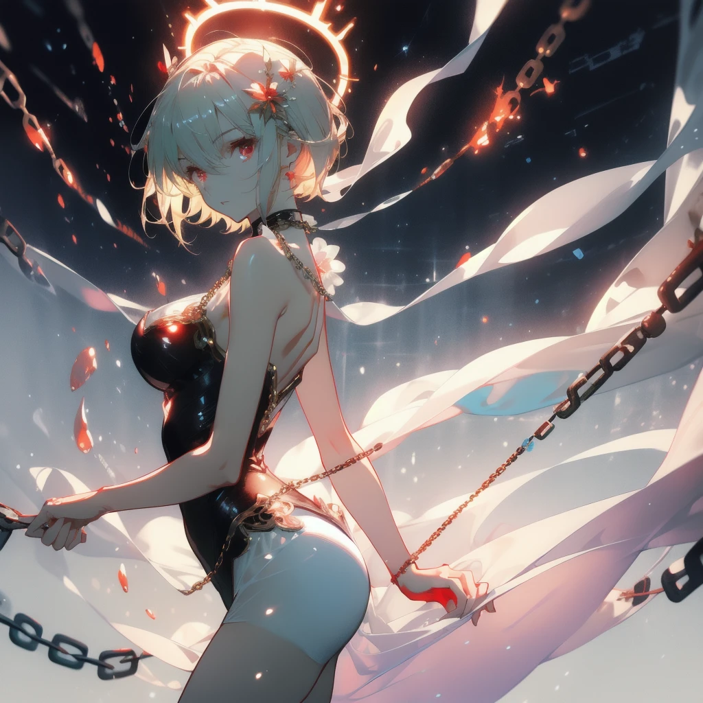 ((masterpiece, best quality)), Delicate face,Beautiful bunny girl,Halo,Standing picture,whole body,Perfect body proportions,Long legs,Handsome short hair,Nice red eyes,Fantasy style,White background,Extremely beautiful,transparent,Flame Surround,chain,Sexy