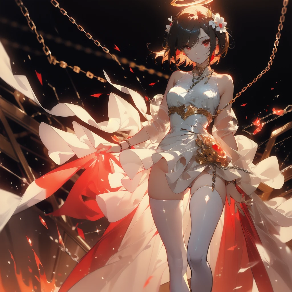 ((masterpiece, best quality)), Delicate face,Beautiful bunny girl,Halo,Standing picture,whole body,Perfect body proportions,Long legs,Handsome short hair,Nice red eyes,Fantasy style,White background,Extremely beautiful,transparent,Flame Surround,chain,Sexy