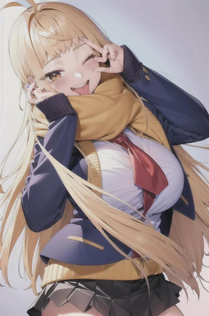 minami_fuyuki, 1girl,ahoge, solo, scarf, one eye closed, breasts, bikini, smile, yellow eyes , blue nails, looking at viewer, open mouth, large breasts, white background, tongue, blush, breath, bangs, hair behind ear, teeth, pleated skirt, very long hair, tongue out, blazer 