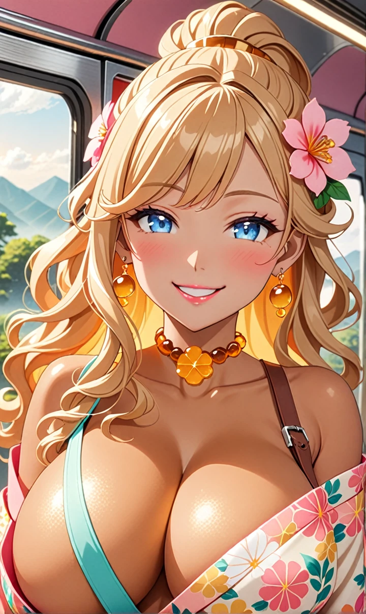 ultra-detailed, ((one girl)),  (tan skin:1.4), in pastel colors gyaru, (heavy makeup), (professional lighting) hyper detailed, absurdres, 8k, Beautiful Face, (Laugh shyly), ((teasing smile:1.6)), ((happy smile:1.5)),  ((Wink:1.6)), (Laugh with your mouth wide open),((Tilt your face:1.6)), View your viewers, ((Bright red cheeks:1.6)),Glossy shocking pink lips, ((huge breasts:1.6)),  ((undressing)), noon, summer, on the train, Anime style background)),masterpiece, Highest quality, (Brighten your face), so beautiful,Latest, Complex details, ((fluorescent pink long nail:1.2)), (ring),(bracelet), (Floral Choker),AI-generated, Complex,High resolution, Highest quality, super high quality,3D Images、3D Images,One person, ((honey blond long hair), (High Ponytail), (wavy hair:1.4), Anime woman posing for a photo, ((Fine grain、blue eyes、glowing eyes:1.3)), (Squint your eyes:1.1),a hyperRealistic , hyperRealistic , Realistic,Anime woman with long honey blonde hair, Smooth anime CG art, A girl in a gorgeous pastel-colored kimono, ((Pastel-colored furisode)),(Pink large floral pattern),  (sideboob), Long flower hair ornament,Big earrings, Mature Body, tall,Narrow waist, front view, portrait, ((upper body)), (Grab onto the strap:1.3),