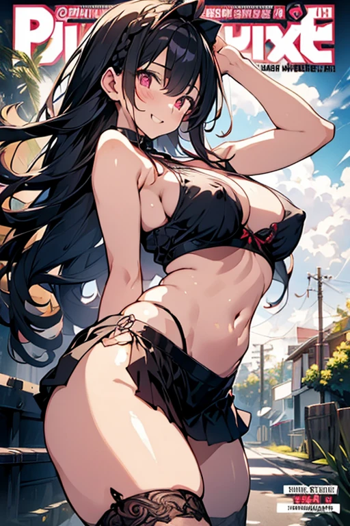 (small breasts:1.2), (perky chest:1.2), (pointed chest:1.2), (Pudding cake magazine cover:1.3),(from below:1.0),(shoot from the side:1.1),masterpiece, 1girl, Amazing Cleavage:1.1, thin waist, optimum,tmasterpiece,hight resolution,best qualtiy,hyper HD,super detailing,awardwinning,a 18yo cute girl,(The upper part of the body),anatomy correct,Beautiful Black miniskirt,garters,Gaze,Small face,bangss,holster,Beautuful Women,hands up,leg holster,Gaze,black boots,Cowboy Shot,cute face,a blond,Longhaire,Twin-tailed,Braids, Hairline,(scarlet eyes),long eyelasher,Hanging eye corners,White skin of the, ((see through camisole:1.1)), ((Sheer nipples:1.0)),Rocket Tits,(Slim body),smile,seductive weak smiling,(with sparkling eyes and a contagious smile),little open mouth, Looking at Viewer,