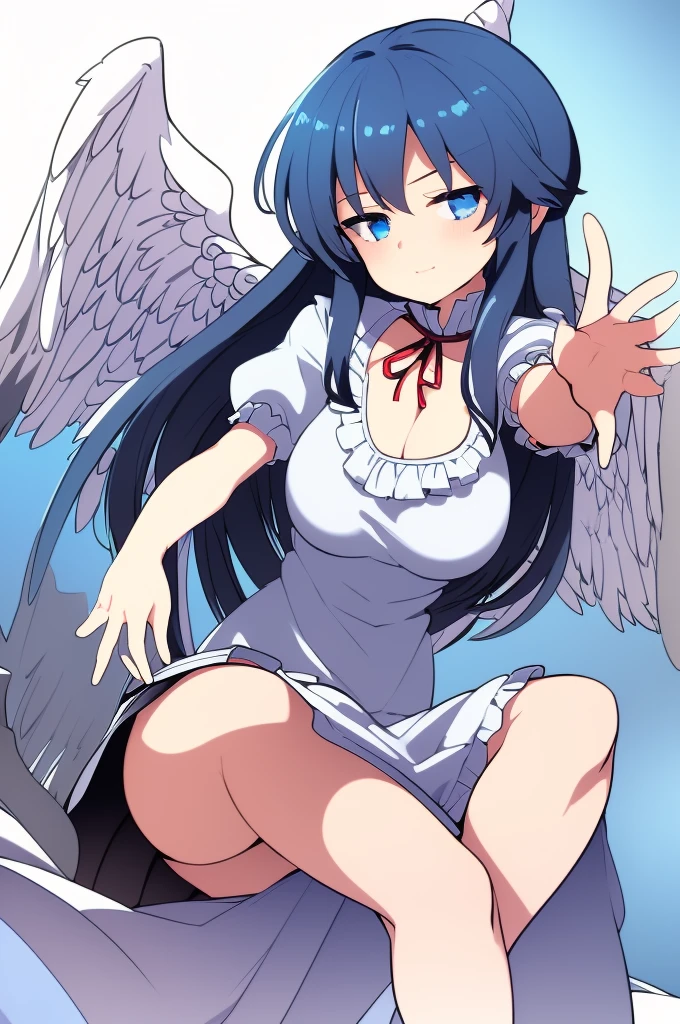 (best quality,4k,8k,highres,masterpiece:1.2), top-quality(​masterpiece), top-quality, ultra-detailed, highly detailed texture, intricate details, high quality textures, A cute teenage angel with blue eyes, big pink ribbon in her hair, drawn in anime style, 1girl, (((1girl in))), , 10 years old, (((lori))),  ((childish)), medium blue hair, hair flaps, pink ribbon on head, well-formed face, Beautiful face, blue eyes, pretty eyes, angel girl, white blouse, puffy short sleeves, red ribbon, angel wings, long white skirt, red shoes, frills, ribbon head, A pair of angel wings on the back, clean line drawings, cute, from behind, to lift up one’s skirt, cowboy shot, from front, standing , raise one leg, crossed arms, arms up behind, arms behind back, hand between legs, put hands hip, one hand on hip, forward hands, arms raised in the air, punch hands, peace sign, waving, put up index finger, sit, lie down, closed eyes, lie face down, looking back, put one hand chest, leaning forward, cleavage, close up, horizontally outstretched arms, horizontally outstretched legs, front view, front face, huge breasts for short stature, cleavage is clearly visible ,G-Cup