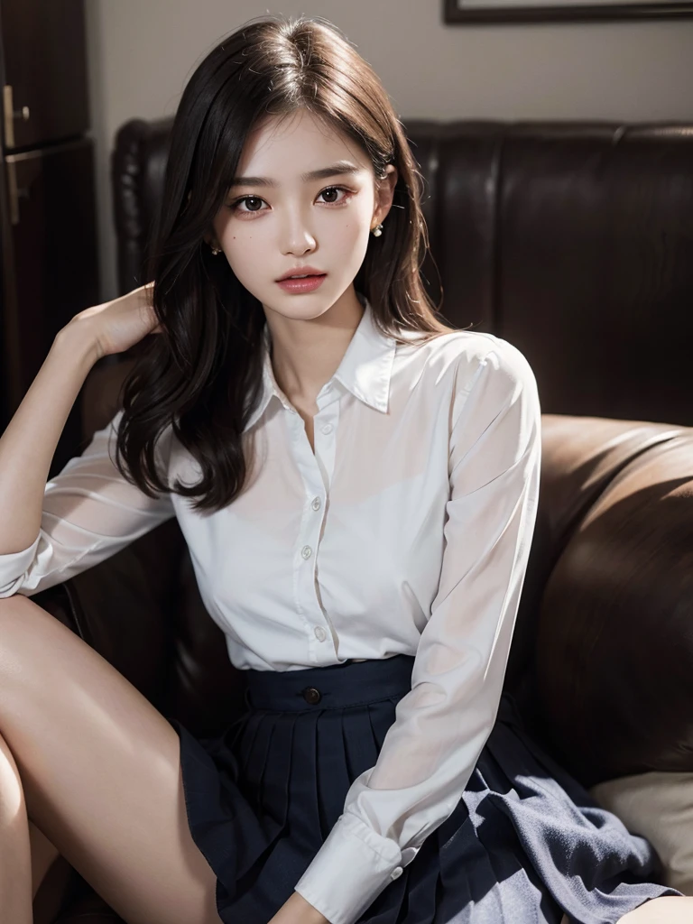 1girl ,Sitting on chair,cross one's legs,Chinese beauty,A day-haired,length hair, blurred background