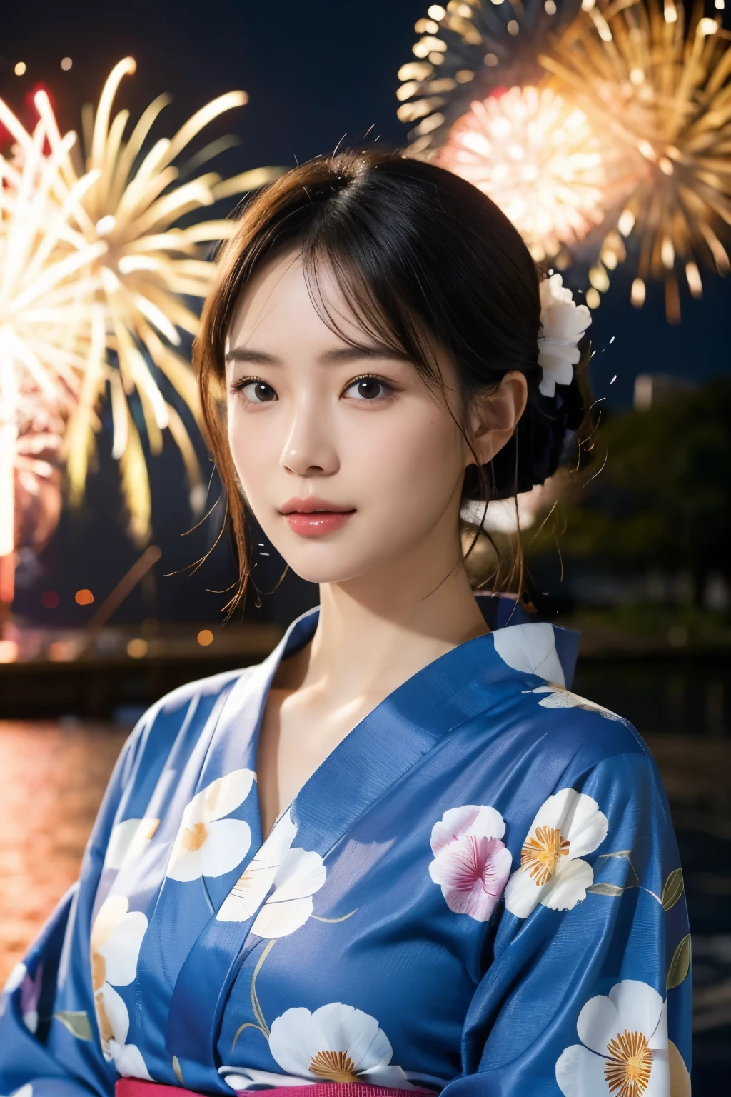 yukata,beautiful woman,masterpiece,skin like human,realistic face,fireworks display
