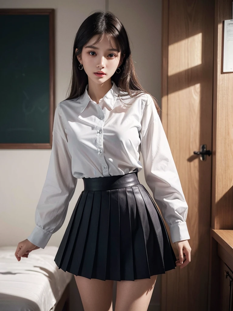 absurdres, RAW photo, extremely delicate and beautiful, masterpiece, Best Quality, ultra high resolution, 32k, hyperrealistic, ultra-detailed, perfect anatomy, super Detailed skin, perfect figure, Super Beauty, Perfect Style, Perfect balance, Beautiful Lighting, Perfect Lightning, Realistic Shadows, 20 years old, very Slim body, narrow waist, very small head, very small face, delicate facial features, handsome detailed woman, very detailed eyes and face, realistic face proportions, Realistic beautiful face, Realistic beautiful eyes, tearful mole, earring, very huge round breasts, legs, medium hair, whole body shot, indoor, school_uniform, dress shirt, pleated skirt,