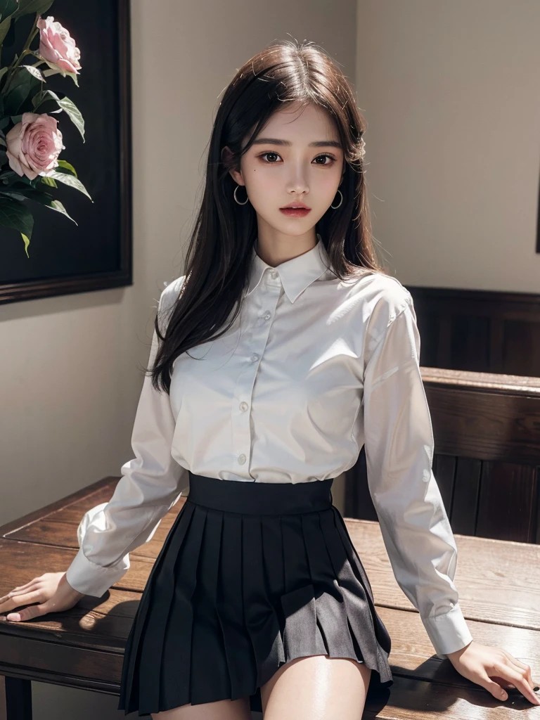 absurdres, RAW photo, extremely delicate and beautiful, masterpiece, Best Quality, ultra high resolution, 32k, hyperrealistic, ultra-detailed, perfect anatomy, super Detailed skin, perfect figure, Super Beauty, Perfect Style, Perfect balance, Beautiful Lighting, Perfect Lightning, Realistic Shadows, 20 years old, very Slim body, narrow waist, very small head, very small face, delicate facial features, handsome detailed woman, very detailed eyes and face, realistic face proportions, Realistic beautiful face, Realistic beautiful eyes, tearful mole, earring, very huge round breasts, legs, medium hair, whole body shot, indoor, school_uniform, dress shirt, pleated skirt,