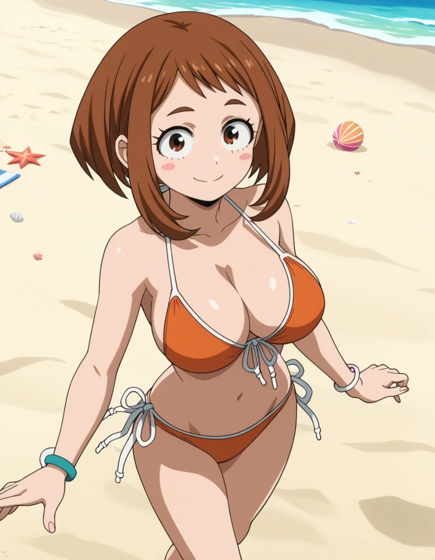 score_6_up, best quality, anime screencap, source_anime, clear face, 1girl, ochako uraraka, brown hair, short hair, bikini, beach, large breasts, dynamic angle, smile, standing 