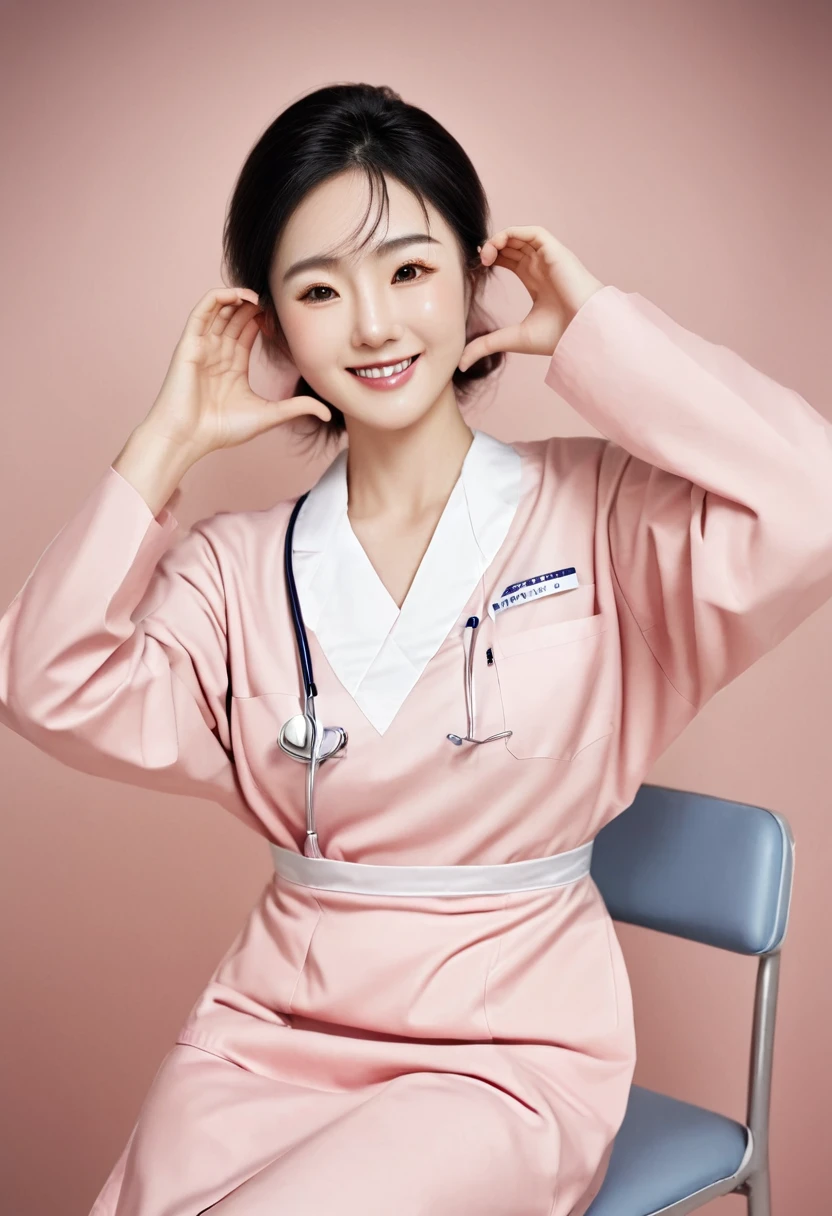 (medium shot), 1girl, (cheek heart:1.4), smiling beautiful Japanese female nurse wearing fitted pink nurse dress, beautiful detailed face, Japanese woman, sitting, black hair, pale skin, realistic skin, detailed cloth texture, detailed hair texture, Perfect proportion, accurate, Anatomically correct, Highly detailed face and skin texture, modern hospital, photorealistic , xxmixgirl