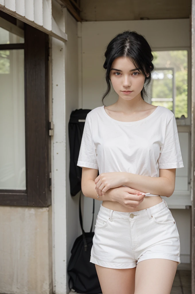 Zahra Ayu 23 years old 160cm 55kg wearing white button shirt, blue jeans, medium hair. Bright face. Office suit.