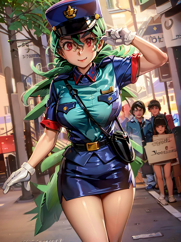 masterpiece, best quality, ultra-detailed, officer jenny, pokemon, 1girl, solo, long hair, smile, red eyes, green hair, white gloves, police hat, miniskirt, bag, star (symbol), uniform, blue skirt, blue shirt, pencil skirt, brown pantyhose, police uniform, realistic, city background volumetric lighting, intricate details, tonemapping, sharp focus, hyper detailed