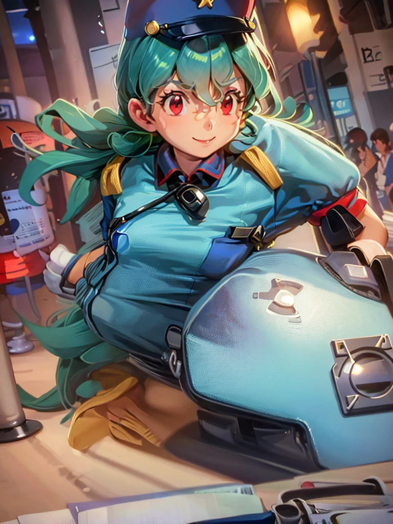 masterpiece, best quality, ultra-detailed, officer jenny, pokemon, 1girl, solo, long hair, smile, red eyes, green hair, white gloves, police hat, miniskirt, bag, star (symbol), uniform, blue skirt, blue shirt, pencil skirt, brown pantyhose, police uniform, realistic, city background volumetric lighting, intricate details, tonemapping, sharp focus, hyper detailed