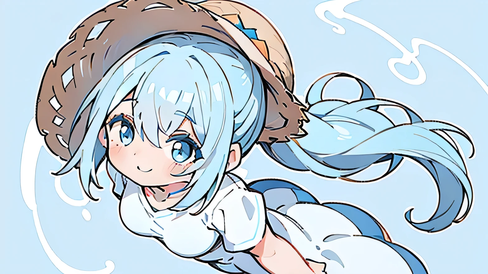 masterpiece, beautiful detailed, 1girl, 20’s, (Oversized plain T-shirt), straw hat, baby blue Eyes, baby blue hair, ponytail, big smile, medium breasts, hair intakes, blue theme, (from above:2), (((bold outline))), limited palette, Colorless solid background