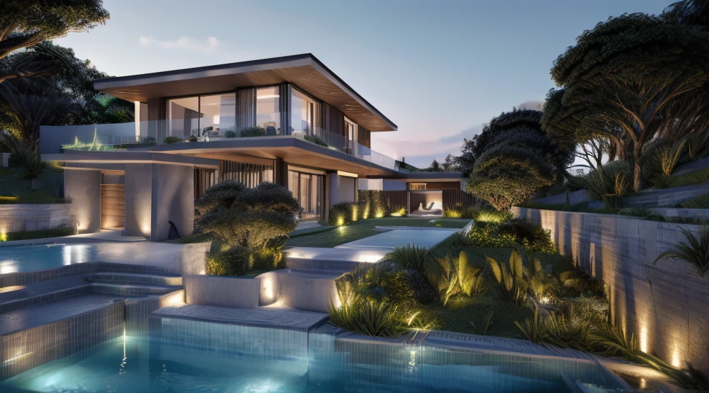 a modern house, grass fence, lawn, dark gray wall covering material, strong modern style, clear blue sky, sharp realistic lighting, night time, youthful feeling, 1 swimming pool , 1 large rockery, steps with LED lights