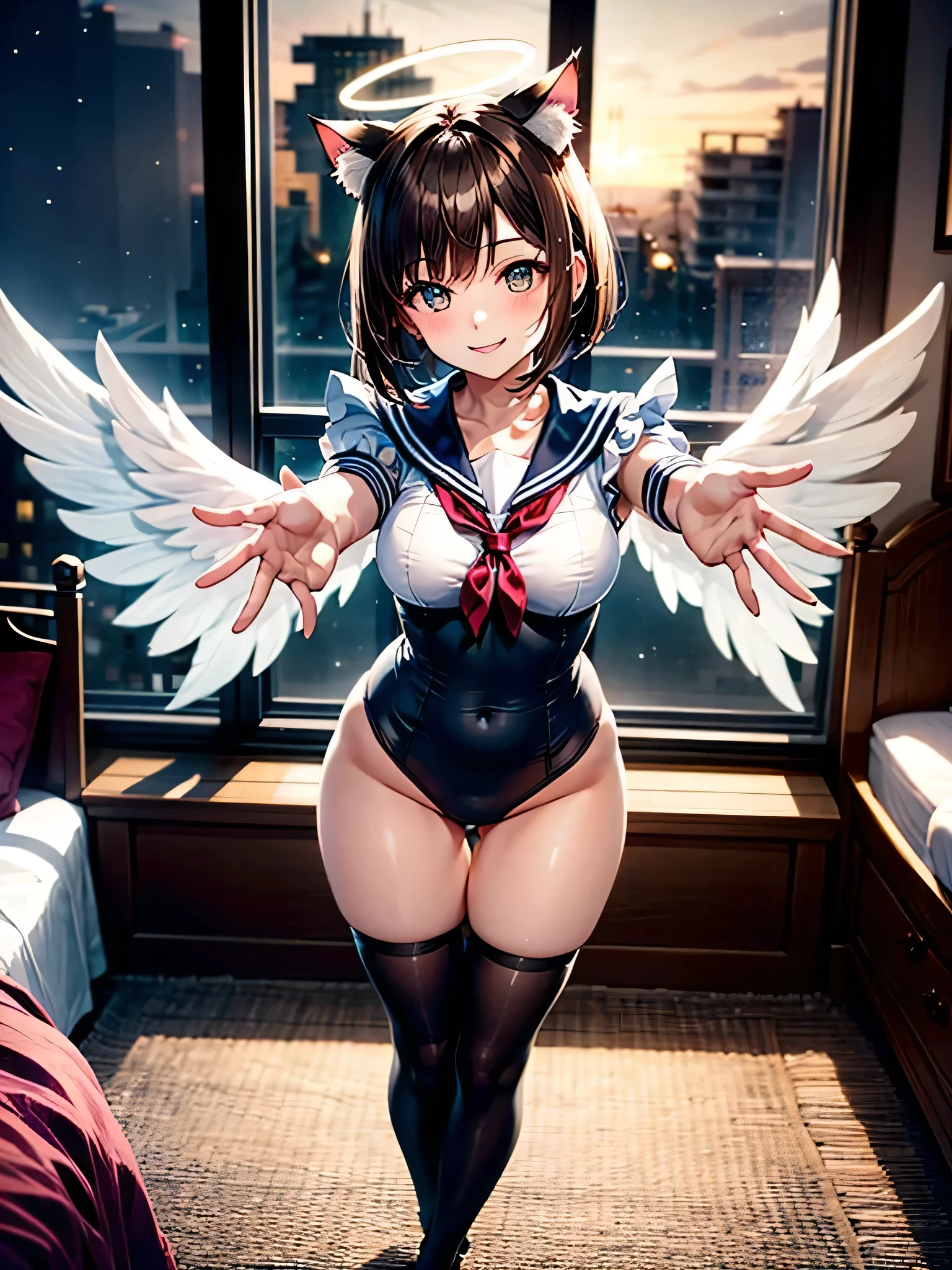 Highest Resolution,Highest quality,Smiling beautiful girl in sailor maid leotard,Knee-high stockings,High leg,(((reaching out))),Very beautiful eyes,White angel wings on your back,Halo,Bedroom,Standing posture,((front)),whole body,Night view outside the window,Cat ear,Brown hair short bob,(((掌を上))),