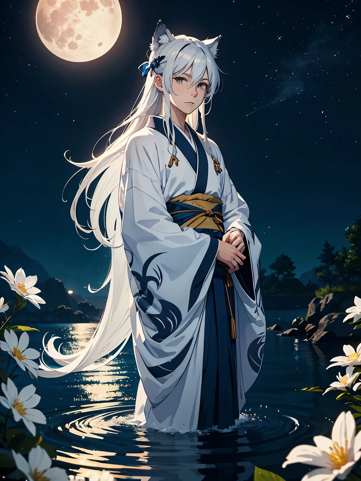 Blue wolf. Kimono. . More anime. light blue light. Bright bright light. magical. Moon. White flowers. male. Long hair. long white hair. aquatic, boy, God of the Moon, silver hair accessories, White hair.