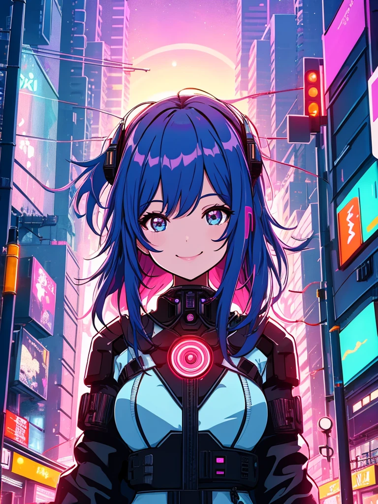 masterpiece, best quality, 1girl, solo, night, colorful, cityscape, cyberpunk, light smile, city pop, vector illustration