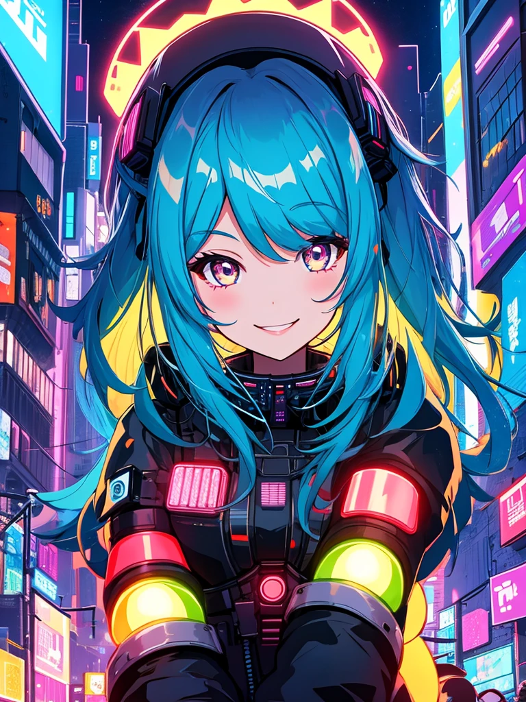 masterpiece, best quality, 1girl, solo, night, colorful, cityscape, cyberpunk, light smile, city pop, vector illustration