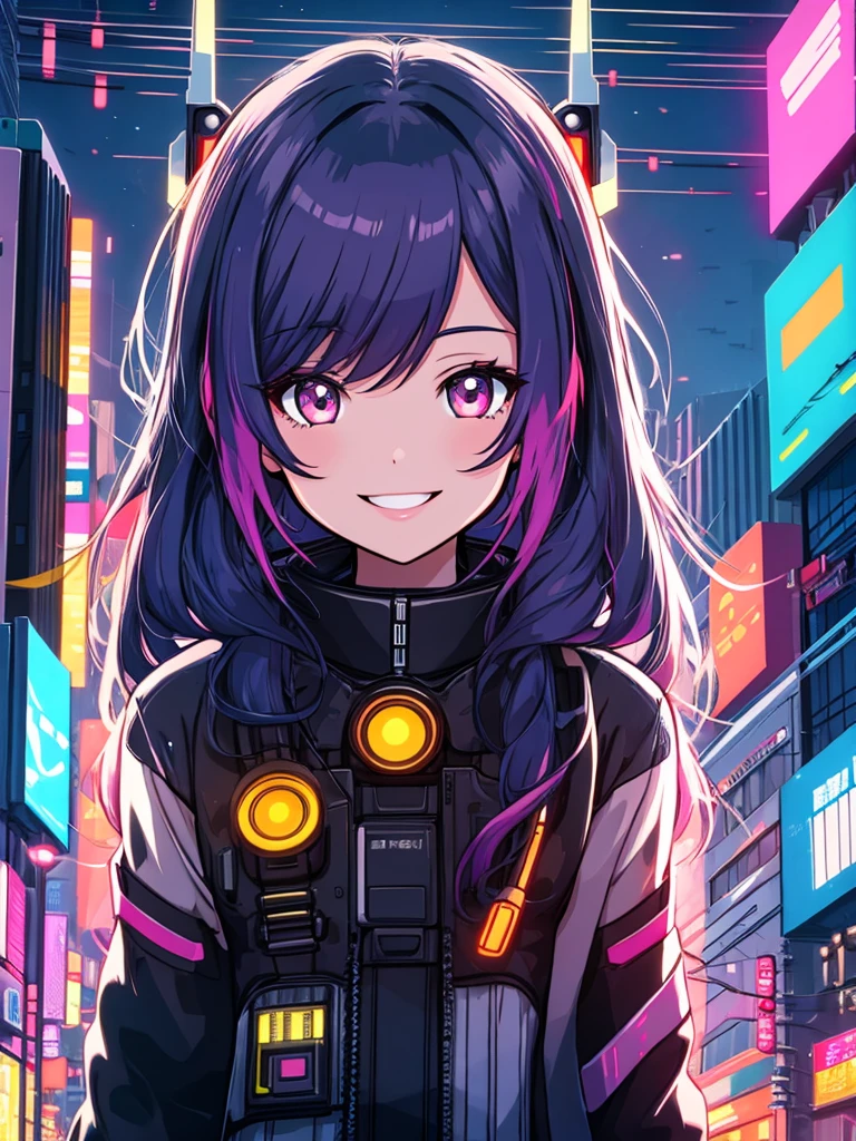masterpiece, best quality, 1girl, solo, night, colorful, cityscape, cyberpunk, light smile, city pop, vector illustration