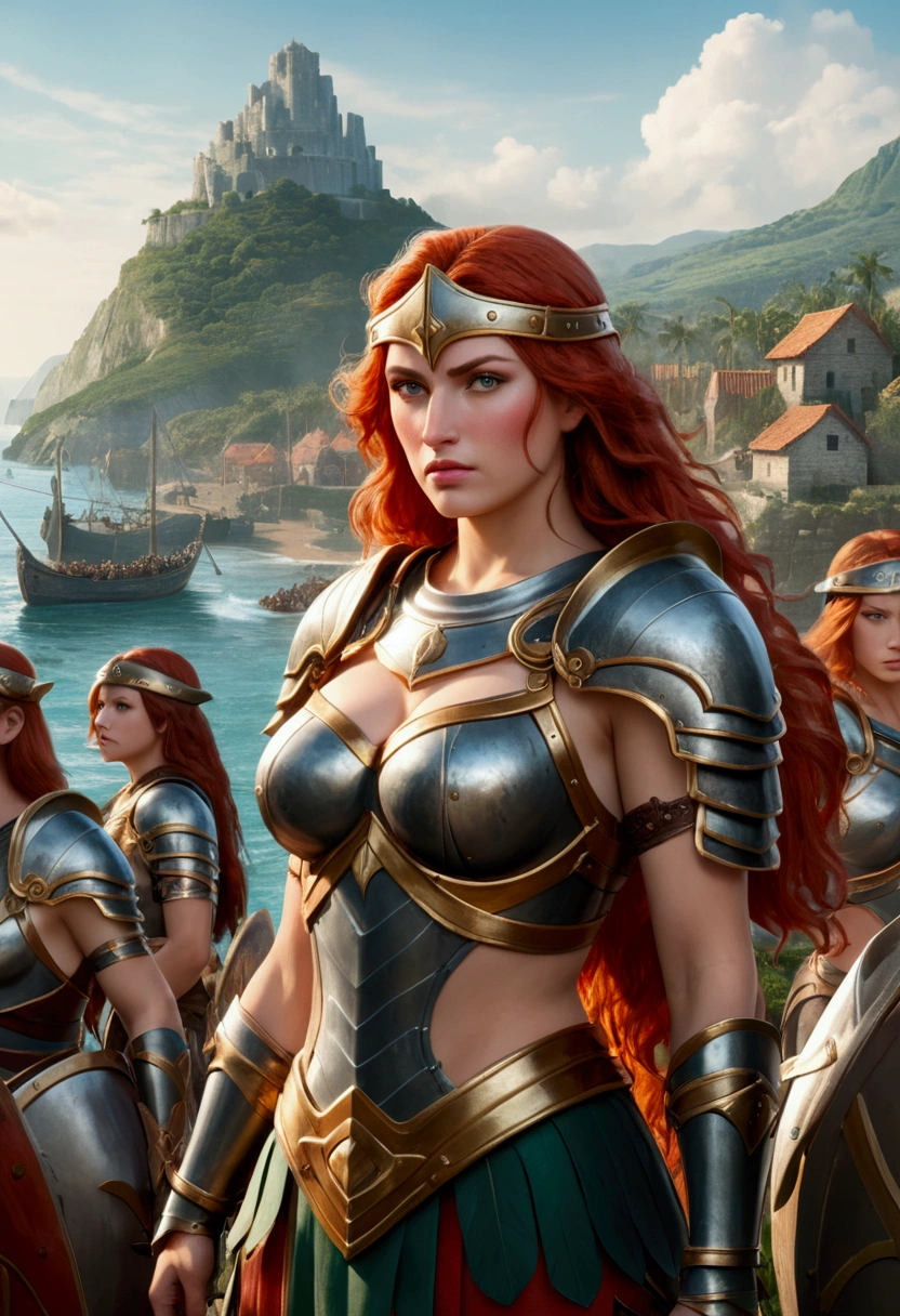 The head of the Amazons standing in full armor, huge breasts. Behind them are about 100 Amazons. A seaside village is visible in the background.