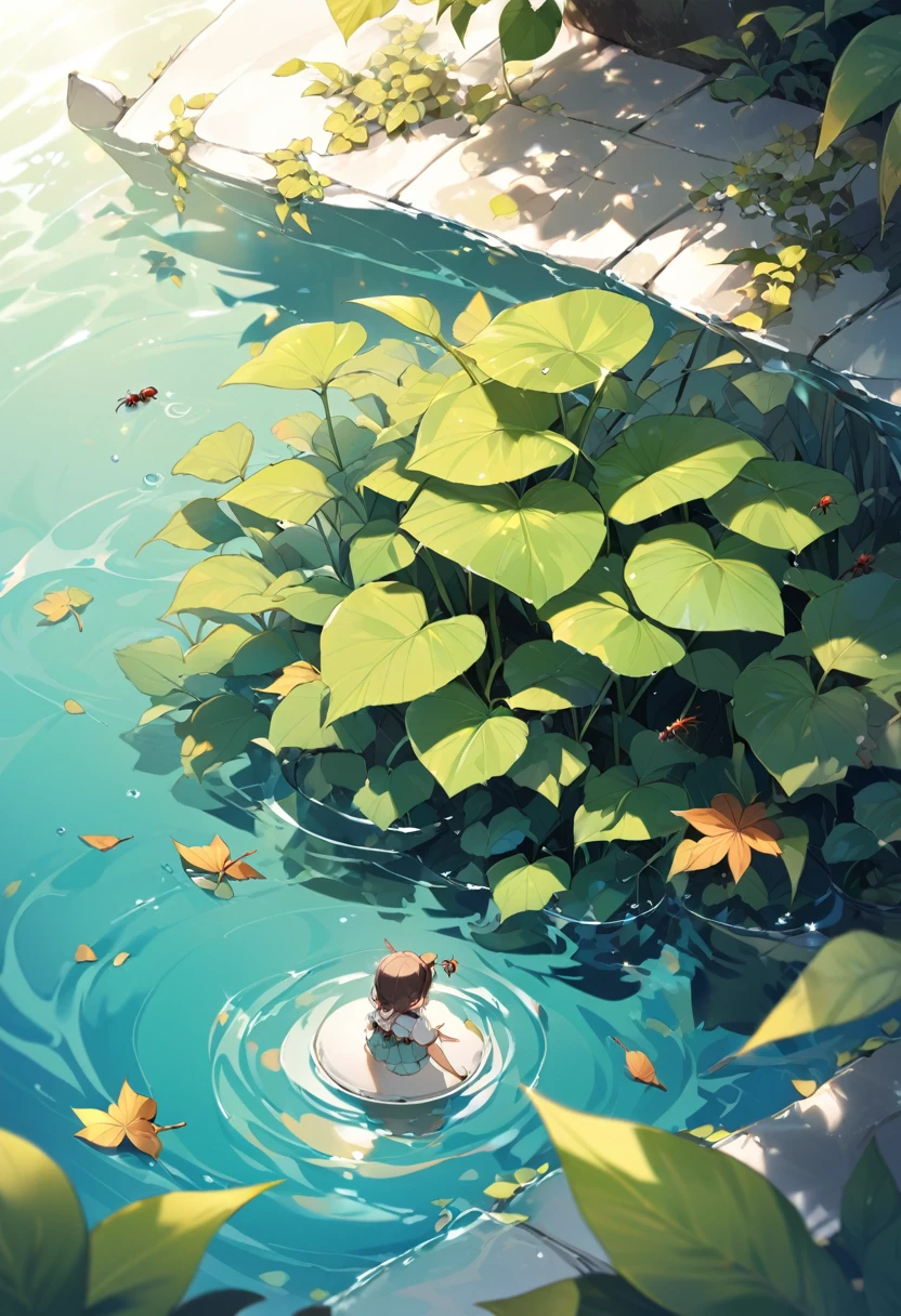 A small leaf floating on the water, There is an ant on the leaf, Children watching over the area