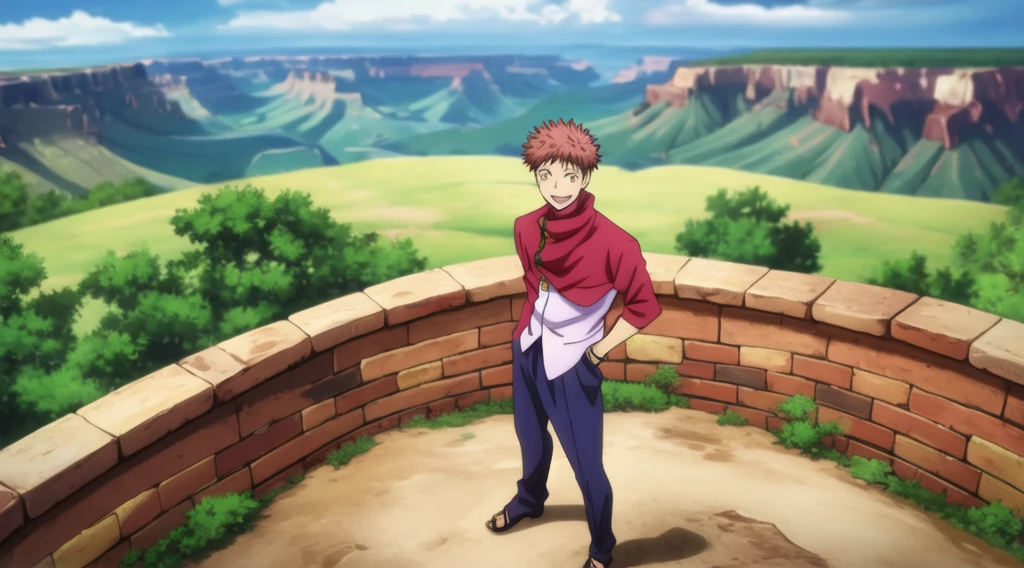 score_9, score_8_up, score_7_up, source_anime, rating_safe, , (photorealistic:0.6), looking at viewer, depth of field, 1boy, solo, male focus, itadori_yuuji, jujutsu kaisen,, brown hair, brown eyes, from above, full body, grand canyon, noon, leaning on object, happy,