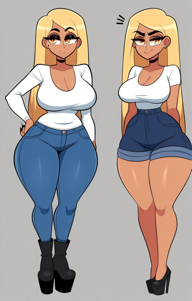 Expressiveh, egirlthot, chibiIcon, , score_9, score_8_up, score_8, (top quality,8k wallpaper),(masterpiece,best quality:1.2), ((source_anime, anime)), 1girl, , goat pupils, gyaru, ((very light blonde hair, long hair, )), old, mother, milf, , ,, tan skin, makeup, tan skin, saggy , saggy, amused eyes, amused smile, , , wide eyes, jealous, jealousy, very jealous, yandere, , , , , obsessive, , black mascara, black eyeliner, yellow eyes, , , , , big sister, , large eyes, beauty mark, , giggling, laughing, leaning , , athletic , long fingernails,s1z3d1ff_t4lk, taller girl, standing, legs straight,  , [[from below]:0.5], , eye contact, chibi, icon, cartoon, big head, wide , wide torso, plump, big eyes, character sheet, platform boots, denim jeans, white top, multiple views of the same character,model sheet,chatacter sheet