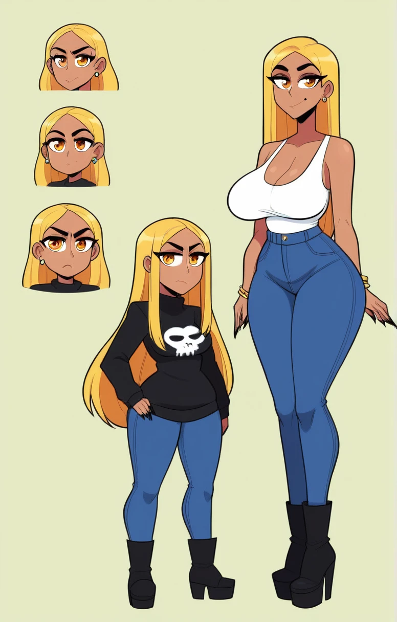 Expressiveh, egirlthot, chibiIcon, , score_9, score_8_up, score_8, (top quality,8k wallpaper),(masterpiece,best quality:1.2), ((source_anime, anime)), 1girl, , goat pupils, gyaru, ((very light blonde hair, long hair, )), old, mother, milf, , ,, tan skin, makeup, tan skin, saggy breasts, saggy, amused eyes, amused smile, , , wide eyes, jealous, jealousy, very jealous, yandere, , , , , obsessive, , black mascara, black eyeliner, yellow eyes, , , , , big sister, , large eyes, beauty mark, , giggling, laughing, leaning , , athletic , long fingernails,s1z3d1ff_t4lk, taller girl, standing, legs straight,  , [[from below]:0.5], , eye contact, chibi, icon, cartoon, big head, wide hips, wide torso, plump, big eyes, character sheet, platform boots, denim jeans, white top, multiple views of the same character,model sheet,chatacter sheet
