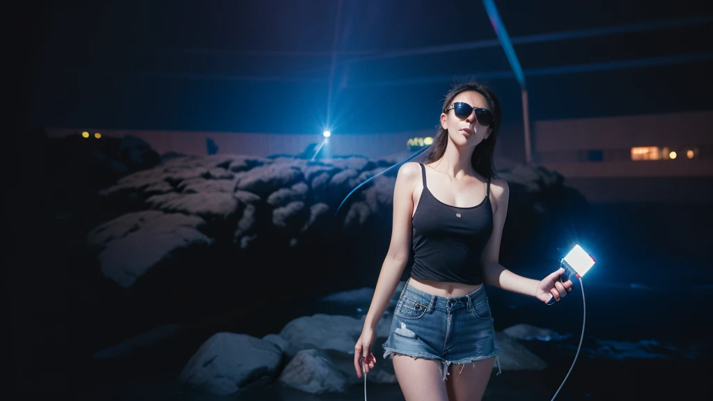 masterpiece, background with (Fantastic Great Storm, lightning bolt, lightning, plural, very heavy rain), Depth (Planets that glow rainbow colors). (((1girl, solo, alone))), large-breast:1.2 slim body, cleavage:1.1, sexy miniskirt, (((((headphone, black sunglasses, standing and holding pistol pose))))), (((half-body thigh level medium shot))), cinematic lighting, lens flare, ray tracing.