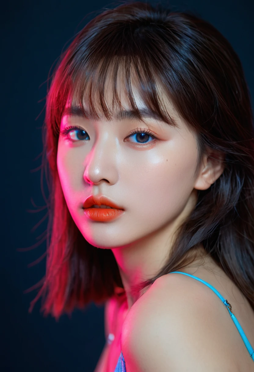 (upper body:1.5),8k, best quality, 1 Girl, (Skin Indentation), night, (dark), Indoor clear background, (people), Beautiful bangs, Gorgeous,, (Clothing and:1.3),Soft lighting, attractive, dark Room, (mouth close:1.2, beautiful eyes, Delicate eyes, Detailed iris, Beautiful lips, Beautiful nose, Pretty Face),(primary color:1.5),(Ambient Light:1.5),(Neon light:1.8),(Radioluminescence:1.8),(red and blue light:1.5)
