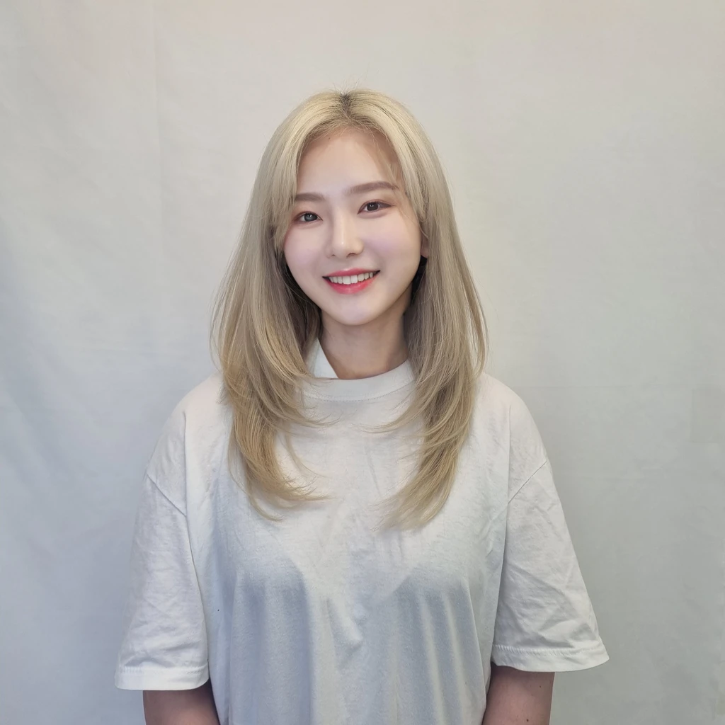 Best Quality, 8k, Masterpiece, (Portrait: 1.3), (photo realistic:1.4), (hyper realistic:1.4), Sharp Focus, looking at viewer, (smoother lighting:1.1), (increase cinematic lighting quality:0.9), realistic lighting, backlighting, light on face, ray trace, (brightening light:1.2), (Increase quality:1.4), sharp detail, (best quality real texture skin:1.4), finely detailed eyes, black_eyes, finely detailed face, 25 year old Korean woman, (white formal_shirt:1.4), (Create an image maintaining the original base model hairstyle:1.5),smiling_face