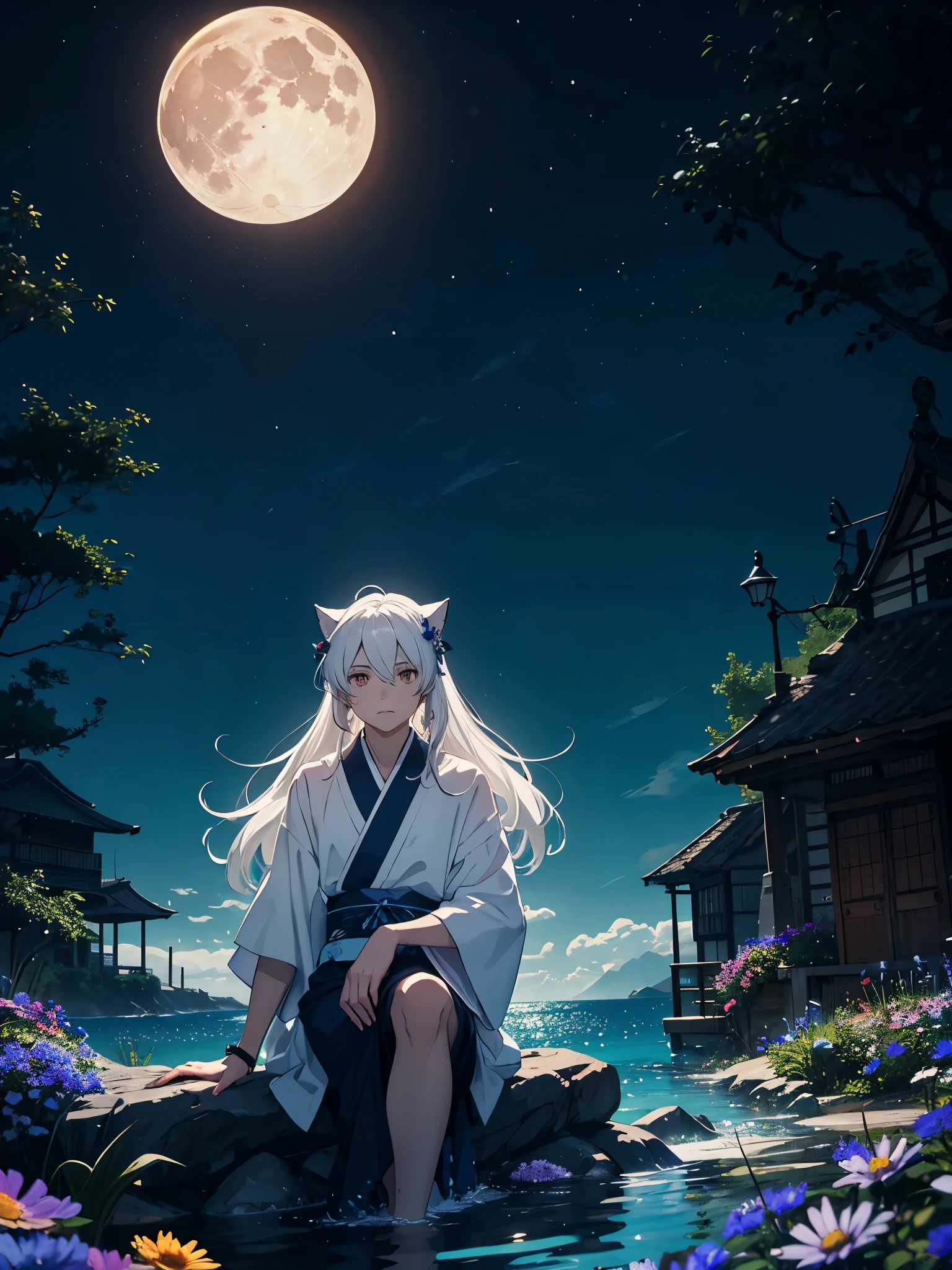 Blauer Mund. Silberner Schmuck. Göttlich. Geweih auf dem Kopf. Kimono. Big Wolf. day lights. More anime. light blue light. Bright bright light. magical. Moon. Sitting on a big white wolf. Lightening flowers. More anime. male. Blue flowers. Long hair. long white hair. aquatic, boy, God of the Moon, silver hair accessories, White hair.