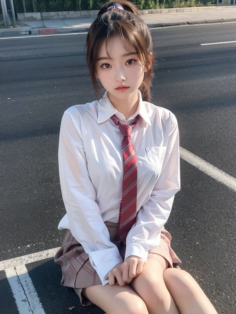 （Medium chest：1.2）, looking at the audience, High resolution, 1 girl aged 15, Tie golden ponytail、Seductive face、Sitting on the road、Wear a school uniform