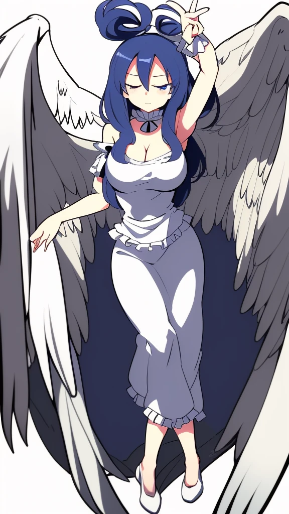 (best quality,4k,8k,highres,masterpiece:1.2), top-quality(​masterpiece), top-quality, ultra-detailed, highly detailed texture, intricate details, high quality textures, A cute teenage angel with blue eyes, big pink ribbon in her hair, drawn in anime style, 1girl, (((1girl in))), , 10 years old, (((lori))),  ((childish)), medium blue hair, hair flaps, pink ribbon on head, well-formed face, Beautiful face, blue eyes, pretty eyes, angel girl, white blouse, puffy short sleeves, red ribbon, angel wings, long white skirt, red shoes, frills, ribbon head, A pair of angel wings on the back, clean line drawings, cute, from behind, to lift up one’s skirt, cowboy shot, from front, standing , raise one leg, crossed arms, arms up behind, arms behind back, hand between legs, put hands hip, one hand on hip, forward hands, arms raised in the air, punch hands, peace sign, waving, put up index finger, sit, lie down, closed eyes, lie face down, looking back, put one hand chest, leaning forward, cleavage, close up, horizontally outstretched arms, horizontally outstretched legs, front view, front face, huge breasts for short stature, cleavage is clearly visible ,G-Cup