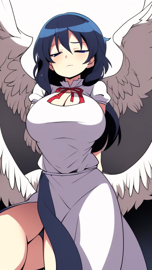 (best quality,4k,8k,highres,masterpiece:1.2), top-quality(masterpiece), top-quality, ultra-detailed, highly detailed texture, intricate details, high quality textures, A cute teenage angel with blue eyes, big pink ribbon in her hair, drawn in anime style, 1girl, (((1girl in))), , 10 years old, (((lori))), ((childish)), medium blue hair, hair flaps, pink ribbon on head, well-formed face, Beautiful face, blue eyes, pretty eyes, angel girl, white blouse, puffy short sleeves, red ribbon, angel wings, long white skirt, red shoes, frills, ribbon head, A pair of angel wings on the back, clean line drawings, cute, from behind, to lift up one’s skirt, cowboy shot, from front, standing , raise one leg, crossed arms, arms up behind, arms behind back, hand between legs, put hands hip, one hand on hip, forward hands, arms raised in the air, punch hands, peace sign, waving, put up index finger, sit, lie down, closed eyes, lie face down, looking back, put one hand chest, leaning forward, cleavage, close up, horizontally outstretched arms, horizontally outstretched legs, front view, front face, huge breasts for short stature, cleavage is clearly visible ,G-Cup
