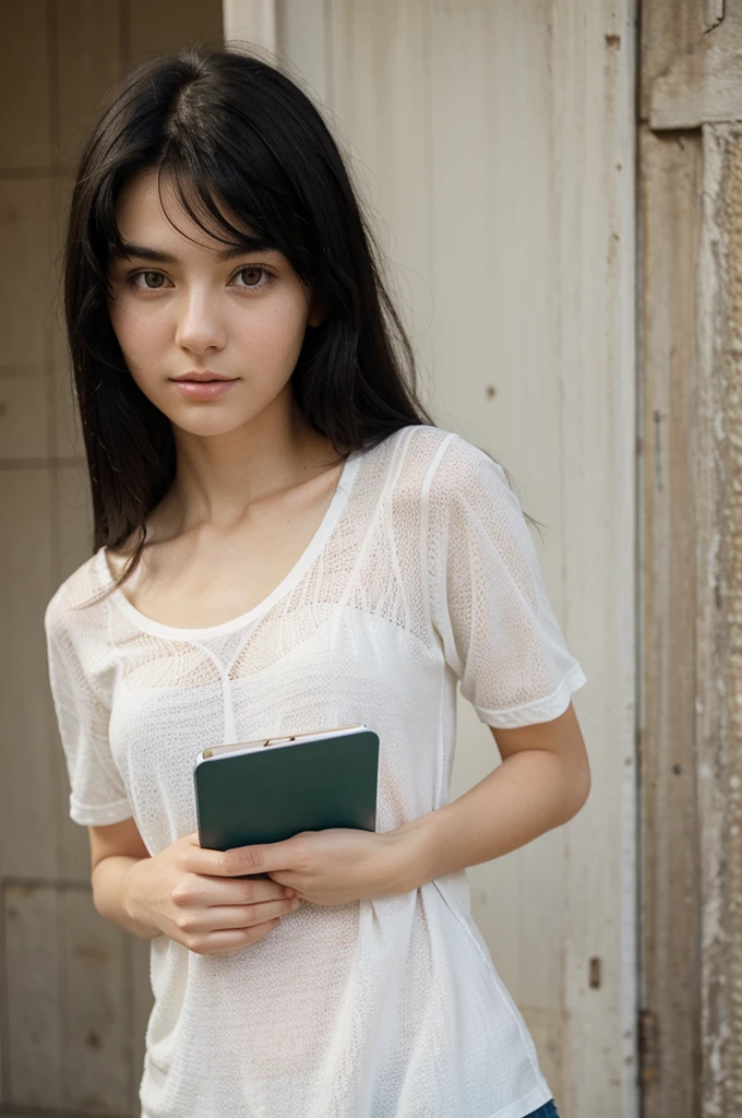 A beautiful woman with black hair and very white skin, just a little thin, 20 years old, has a notebook sheet in her hand looking towards the camera