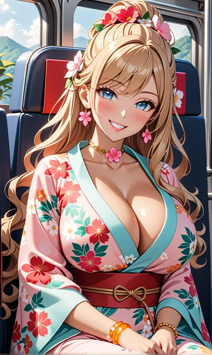 ultra-detailed, ((one girl)),  (tan skin:1.4), in pastel colors gyaru, (heavy makeup), (professional lighting) hyper detailed, absurdres, 8k, Beautiful Face, (Laugh shyly), ((teasing smile:1.6)), ((happy smile:1.5)),  ((Wink:1.6)), (Laugh with your mouth wide open),((Tilt your face:1.6)), View your viewers, ((Bright red cheeks:1.6)),Glossy shocking pink lips, ((huge breasts:1.6)),  ((undressing)), noon, summer, on the train, Anime style background)),masterpiece, Highest quality, (Brighten your face), so beautiful,Latest, Complex details, ((fluorescent pink long nail:1.2)), (ring),(bracelet), (Floral Choker),AI-generated, Complex,High resolution, Highest quality, super high quality,3D Images、3D Images,One person, ((honey blond long hair), (High Ponytail), (wavy hair:1.4), Anime woman posing for a photo, ((Fine grain、blue eyes、glowing eyes:1.3)), (Squint your eyes:1.1),a hyperRealistic , hyperRealistic , Realistic,Anime woman with long honey blonde hair, Smooth anime CG art, A girl in a gorgeous pastel-colored kimono, ((Pastel-colored furisode)),(Pink large floral pattern),  (sideboob), Long flower hair ornament,Big earrings, Mature Body, tall,Narrow waist, front view, portrait, (Sit in your seat), (learning forward:1.2), 