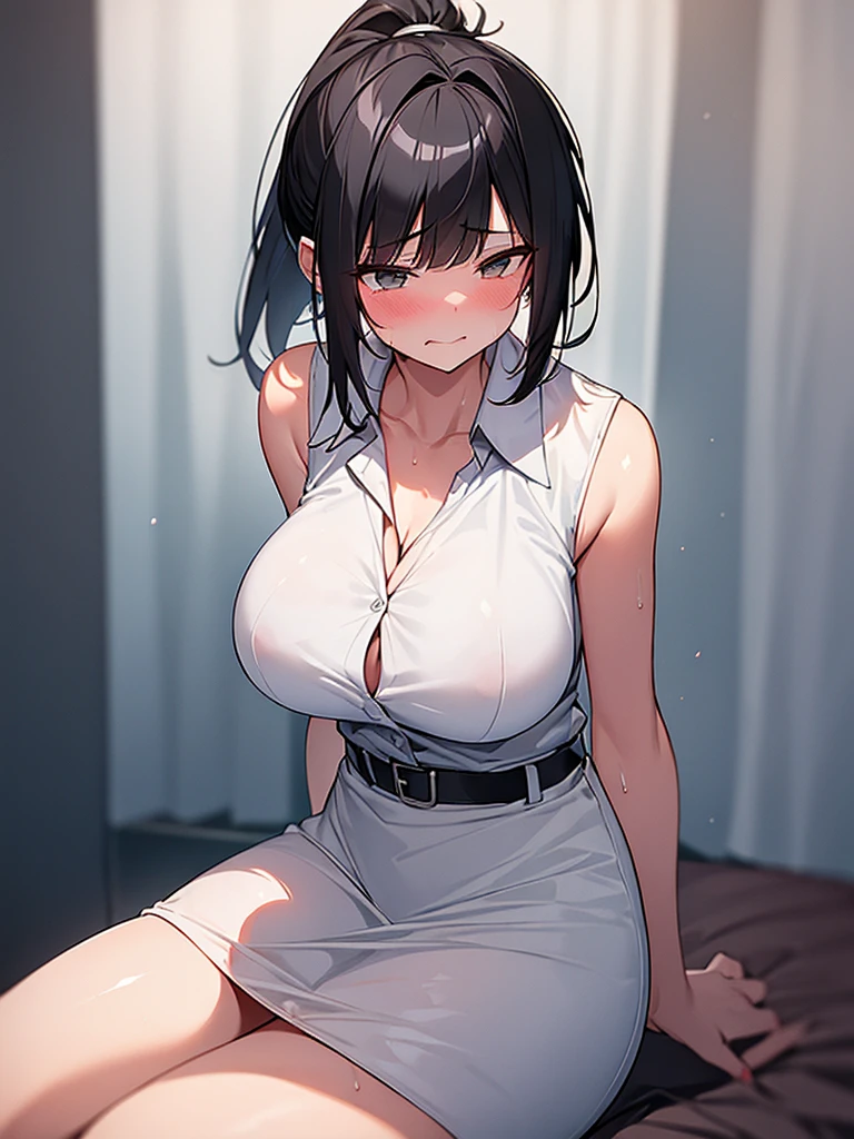 NSFW:1.9. Mature women　Blowjob:2.4　Open your mouth wide and take the penis in your mouth:2.4　Anime drawing with vivid colors Tall woman:1.9. White collared sleeveless shirt　Black Skirt　White underwear boobs　Big breasts, sweat, troubled face, glaring, wrinkled brow, tears, flushed cheeks, night:1.3 Apartment bedroom, white sheets, short black hair, ponytail:1.9 Straight hair, bangs swept to the side:1.9. Slanted eyes, brown eyes, tall, strong-willed, beautiful