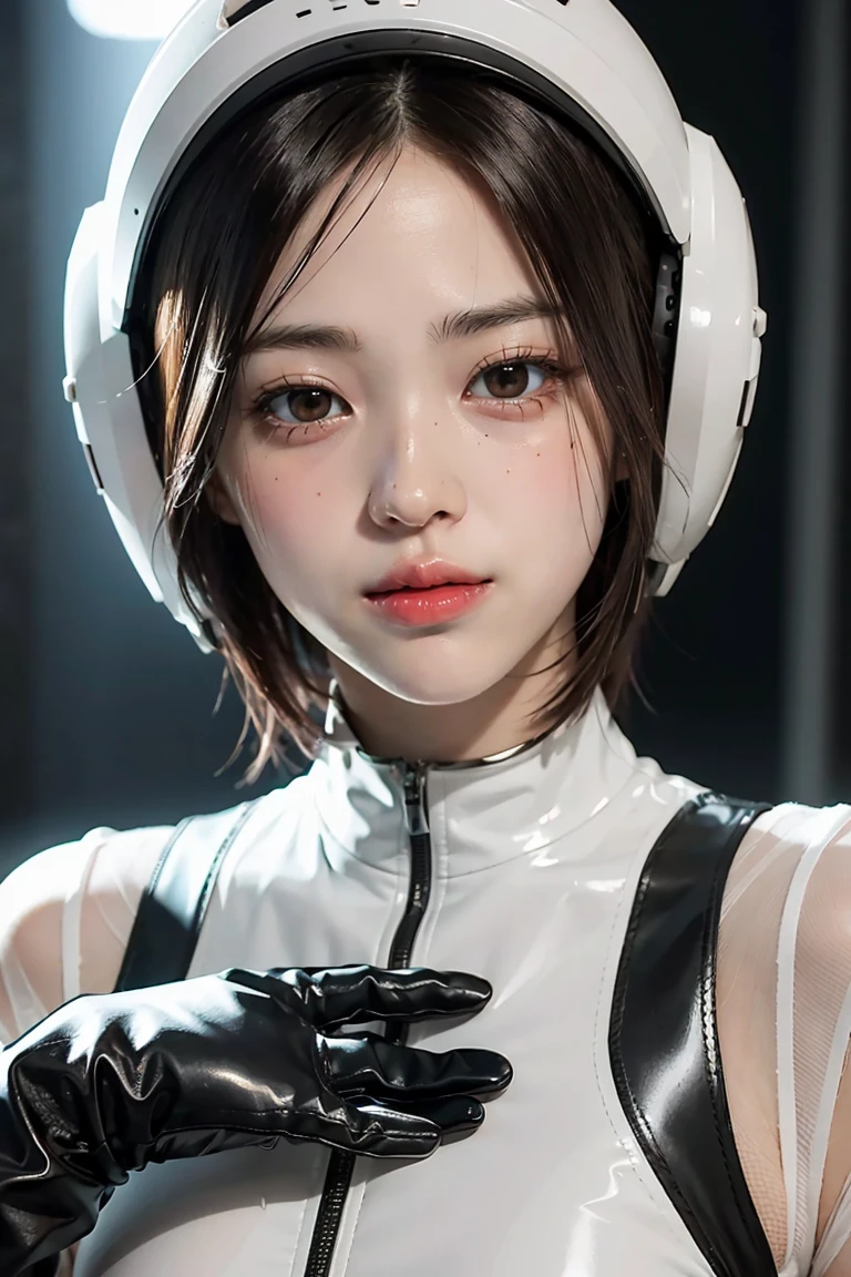 1 brunette beauty, (white) (one-piece tight latex suit), (spacesuit) ((spacehelmet))((white gloves), {{illustration}}, {extreme sophistication and beauty}, {delicate makeup}, ultra-detailed, sexy, delicate glowing eyes, {{cinematic light}}, extreme light effect, model: cinematic realism, CFG scale: 12, LoRA: bright texture (1.35), high quality, masterpiece, delicate facial features, delicate hair depiction, delicate eye portrayal, masterpiece, highest quality, ray tracing, extremely detailed CG unity 8k wallpaper, masterpiece, best quality