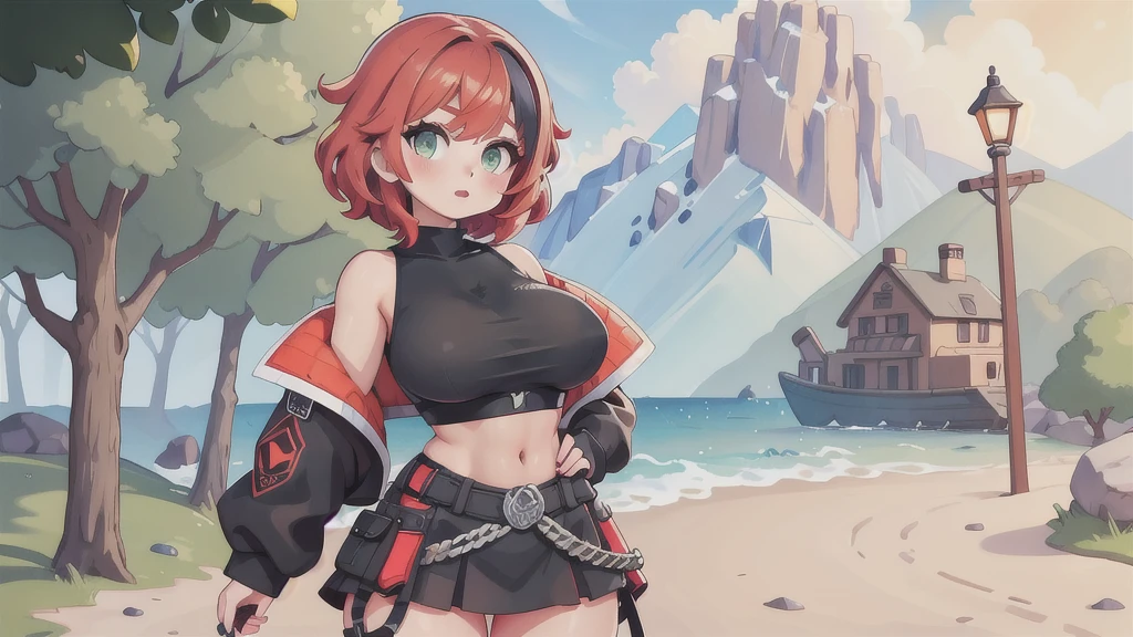 woman, curly red pixie cut hair, green eyes, wearing crop top black shirt, long black jacket, red plaid skirt, black fingerless gloves, exposed shoulders, large breasts freckles, cleavage, abs, looking at viewer, masterpiece, best quality, Holo-Punk Style